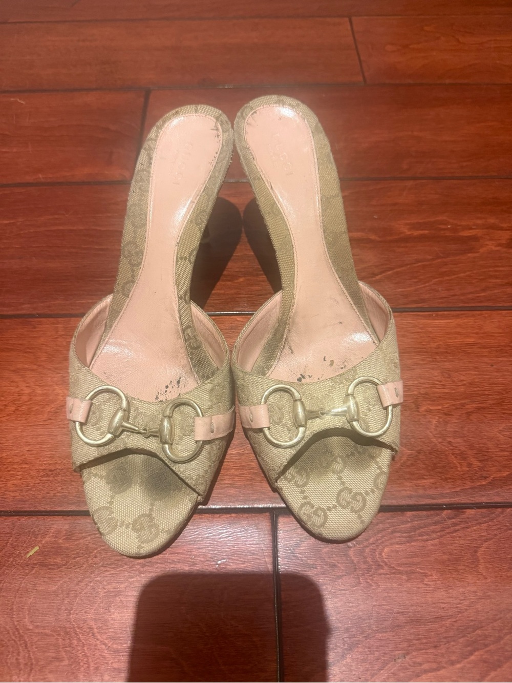 Gucci Beige and Pink Open-Toe Horsebit Mules